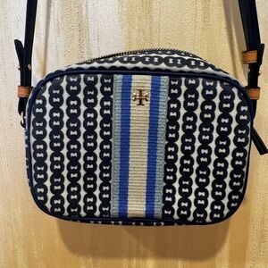 Tory Burch Black and Blue Striped Crossbody Bag